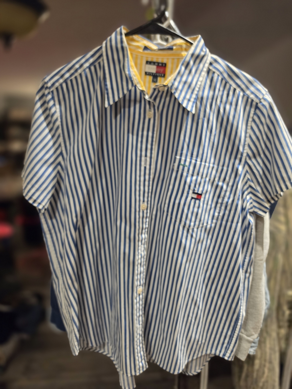Tommy Hilfiger Blue & White Vertical Stripe Short-Sleeve Button-Down